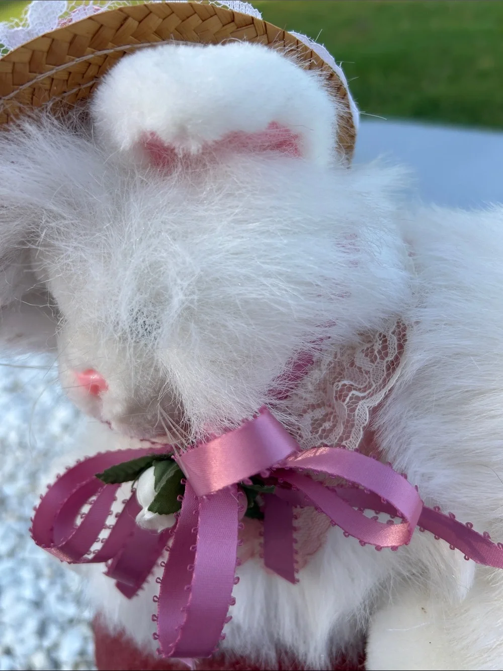 White Plush Cat Toy with Pink Ribbon and Floral Hat